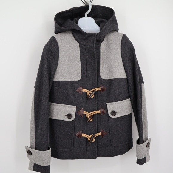 NWT J Crew Colorblock Duffle Coat Wool Black Gray Size 0 Nautical Boating Preppy - Picture 2 of 11